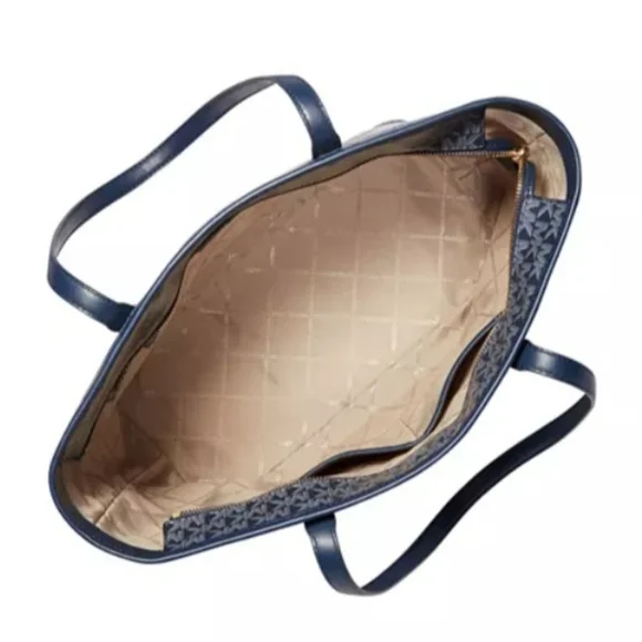 NWT Michael Kors Carter Large Top Zip Tote Bag Purse in Navy MK Logo Print - Picture 3 of 14